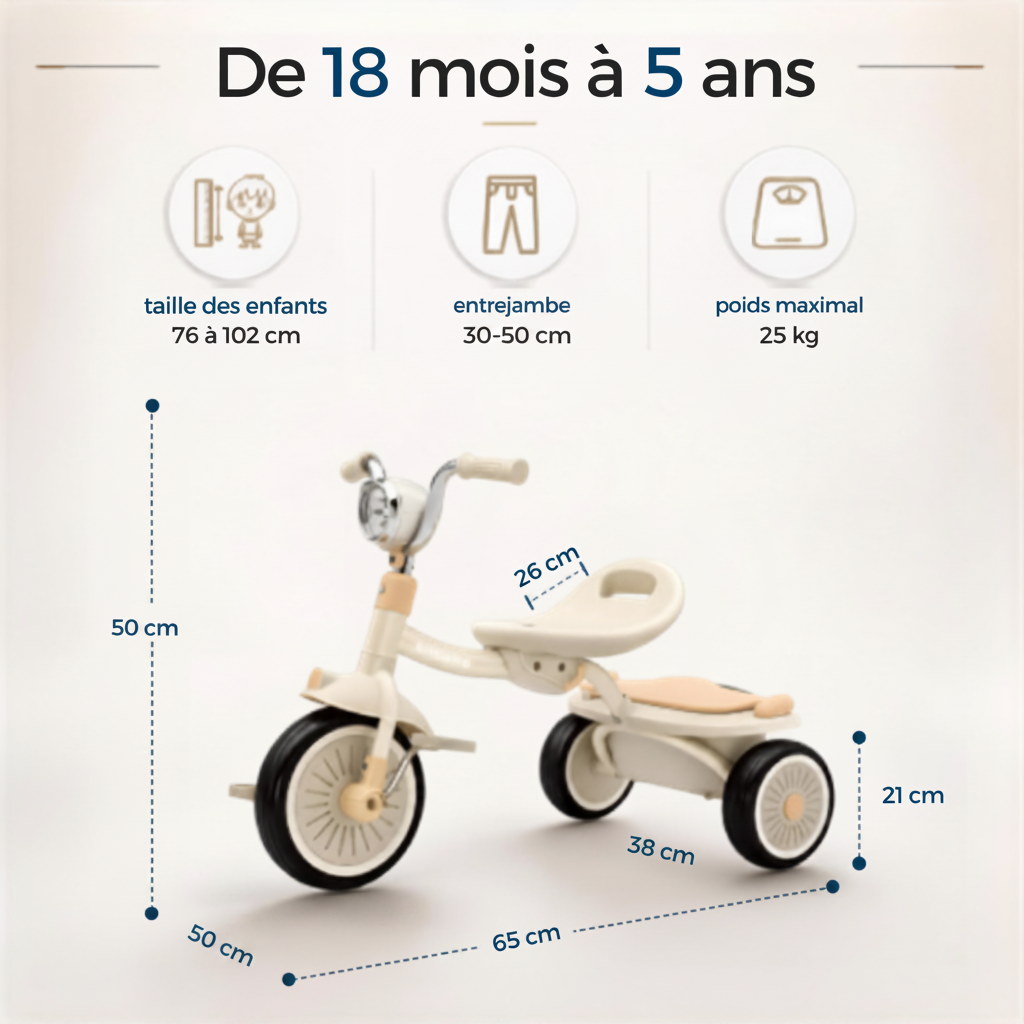 Tricycle Enfant avec Phare LED : 18 mois-5 ans